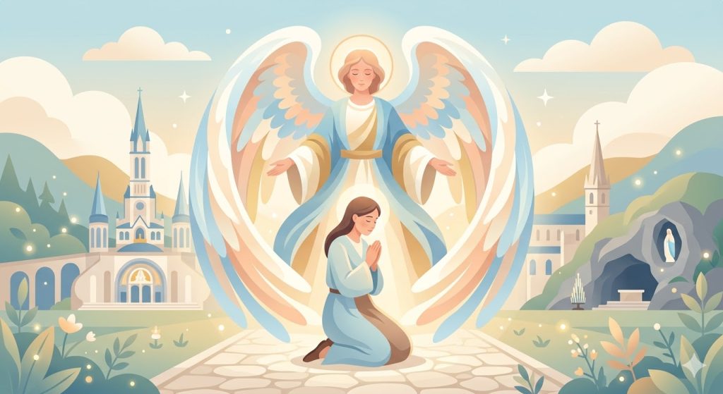 Trust in the Presence of my Guardian Angel - a large stylized angel enveloping a praying person with its protective wings